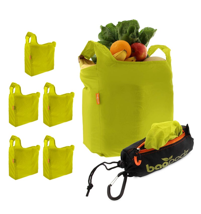 BagPodz Sturdy Reusable Grocery Bags Foldable and Washable - Made From RipStop Nylon Hold 50lbs - Designed in USA Reusable Shopping Bags Inside a Compact Pod with Carry Clip - 5 Pack in Green - Image 1